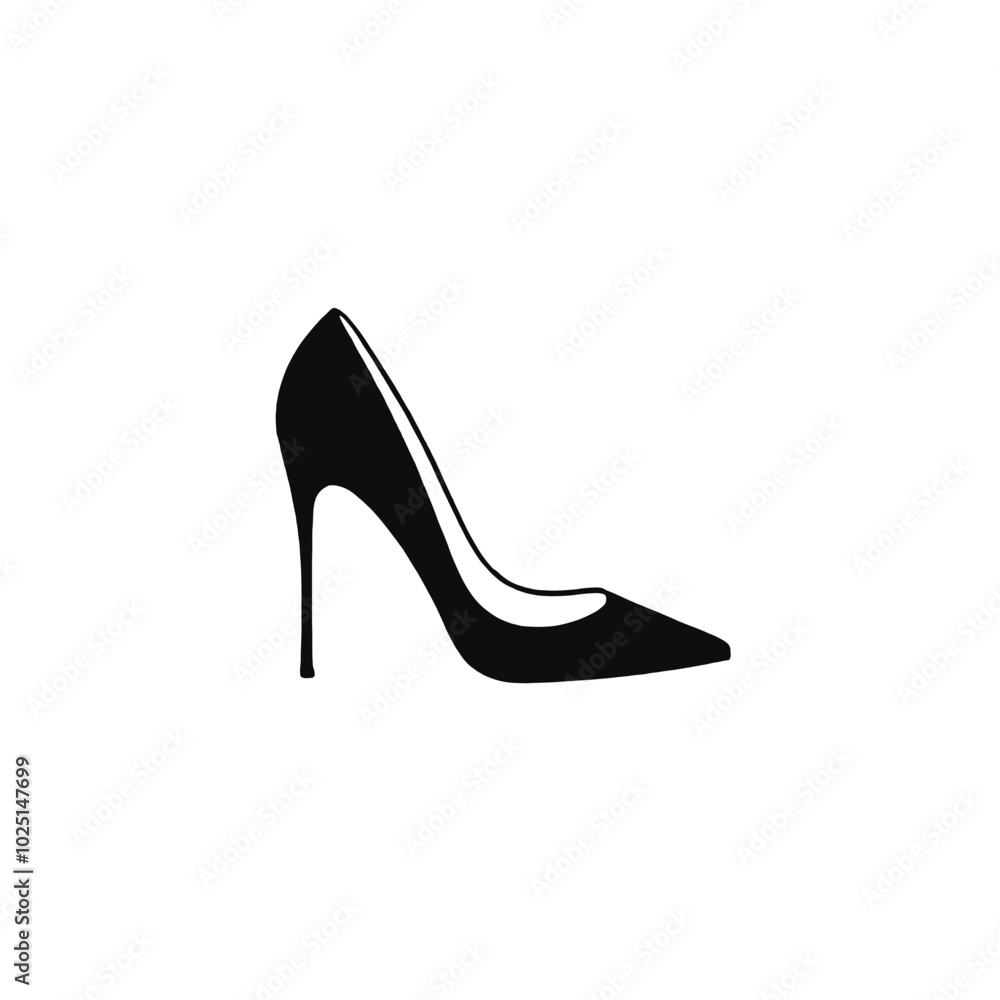 A black high-heel shoe with a pointed toe A black high-heel shoe with a pointed toe