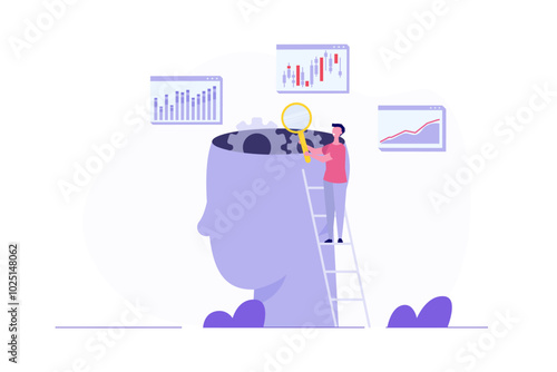 Brain analysis or study, cognitive psychology concept. Vector illustration.