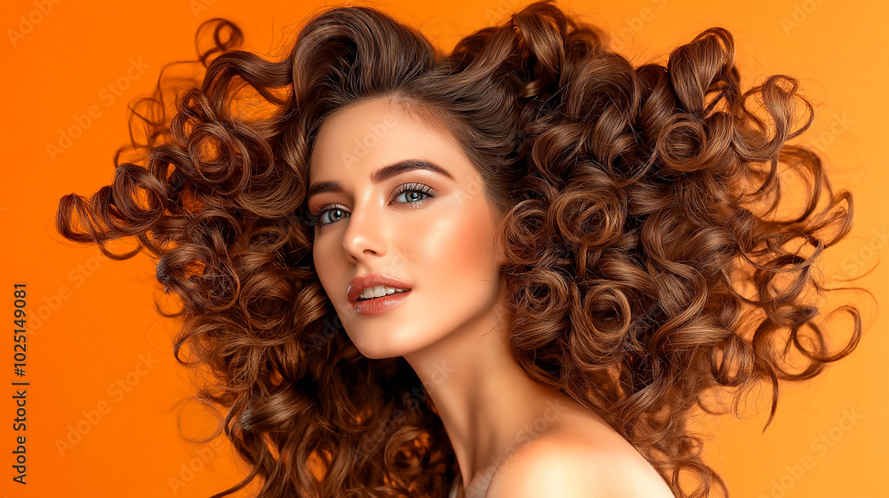 Fototapeta premium Portrait of beautiful model with gorgeous curly hair on yellow background