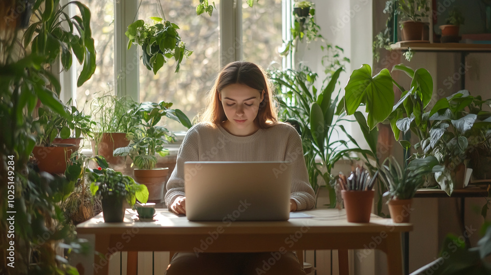 A woman works on her laptop surrounded by plants in a sunlit room
A woman works on her laptop surrounded by plants in a sunlit room