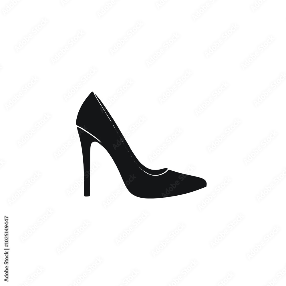 A black high-heel shoe with a pointed toe A black high-heel shoe with a pointed toe