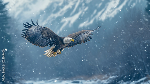 Alaska Bald Eagle Festival, bald eagles flying majestically over the Alaskan wilderness, light snow covers the ground, Ai generated images