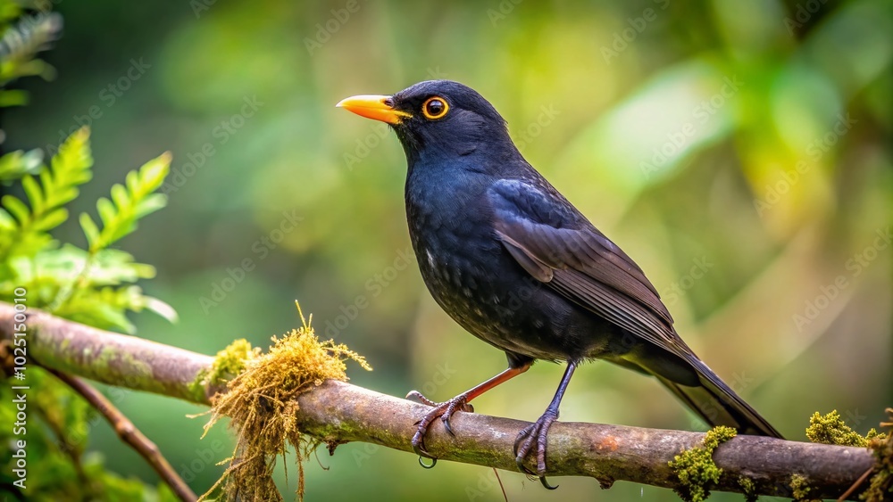 Elegant Mexican Blackbird Perched on Branch Amidst Lush Greenery in a Natural Habitat Setting Elegant Mexican Blackbird Perched on Branch Amidst Lush Greenery in a Natural Habitat Setting