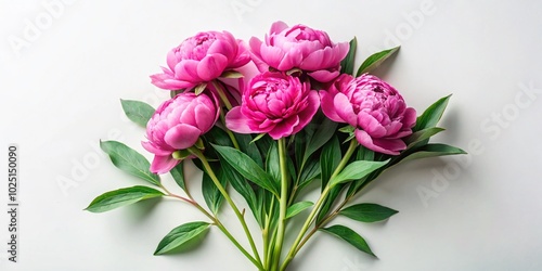 Elegant Minimalist Peony Bouquet on White Background - Top View Flat Lay with Long Stalks and Leaves for