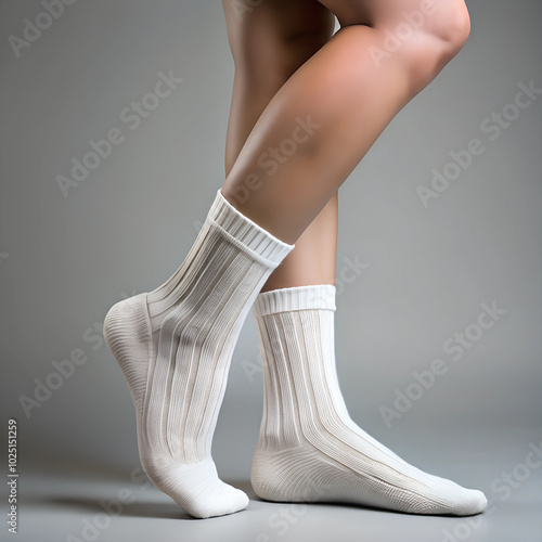 A close-up of a woman's legs wearing simple white socks, highlighting comfort, elegance, and everyday wear, captured against a clean gray background. photo