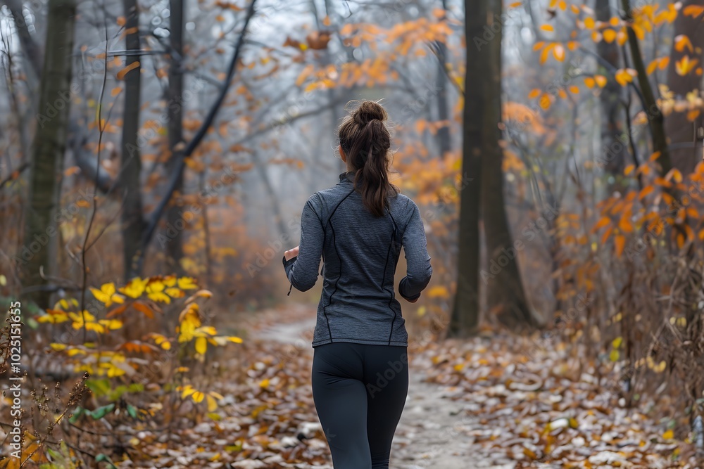 Serene Autumn Run: A Woman Jogging Through a Misty Forest Trail Serene Autumn Run: A Woman Jogging Through a Misty Forest Trail