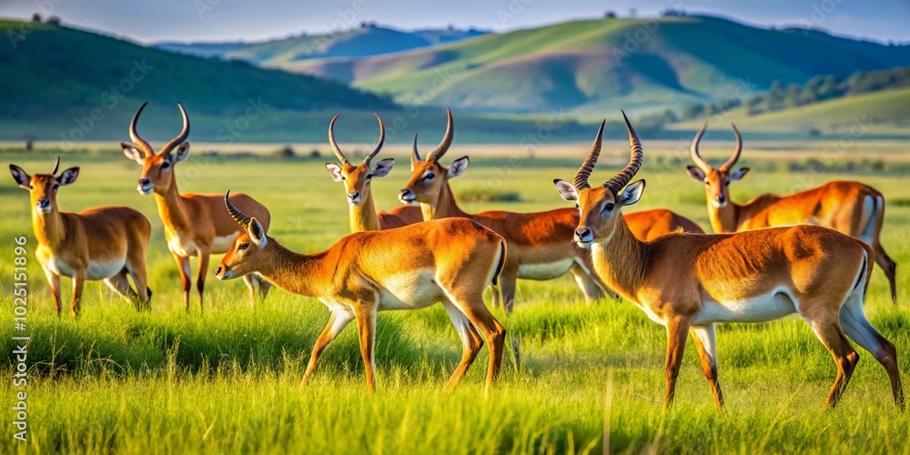 Naklejka premium Elegant Red Lechwe Antelopes Grazing in Lush Green Grasslands