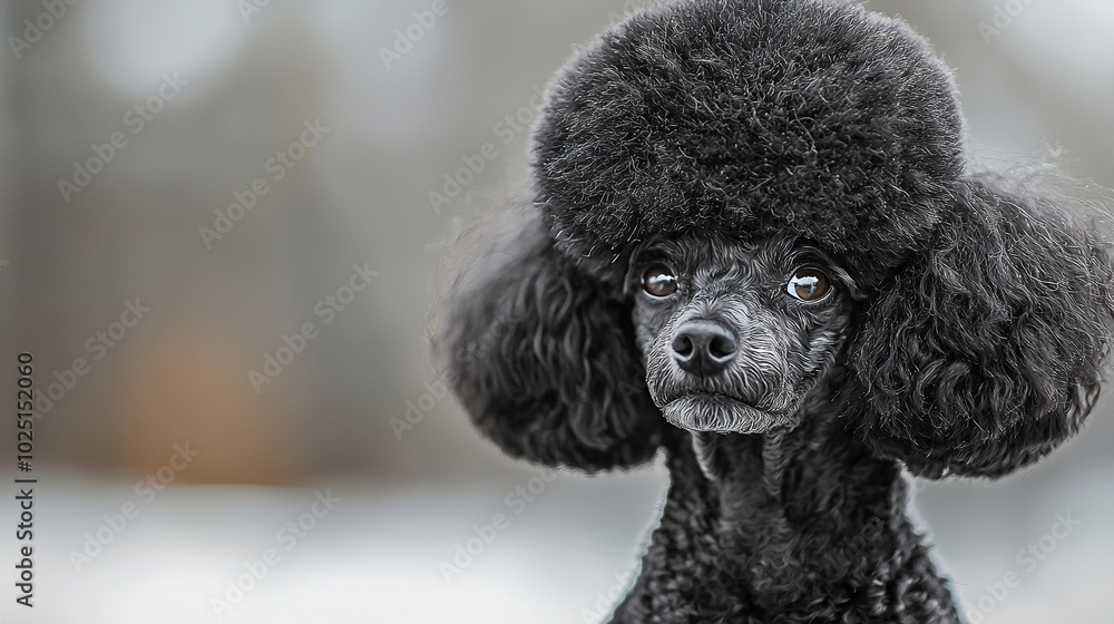 A close-up of a poodle's face with a black fur ball on top of its head A close-up of a poodle's face with a black fur ball on top of its head