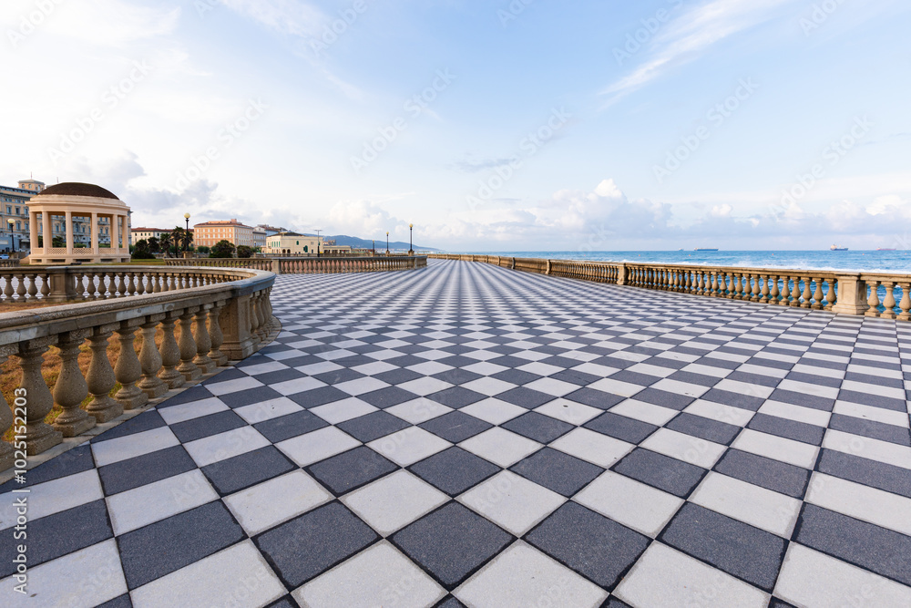 Livorno, Italy. Famous Mascagni Terrace - Terrazza Mascagni - with chess geometry pattern pavement