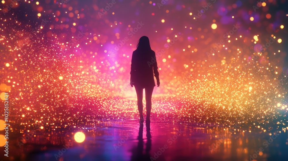 Silhouetted Figure Walking Through a Glittering, Multicolored Landscape Silhouetted Figure Walking Through a Glittering, Multicolored Landscape