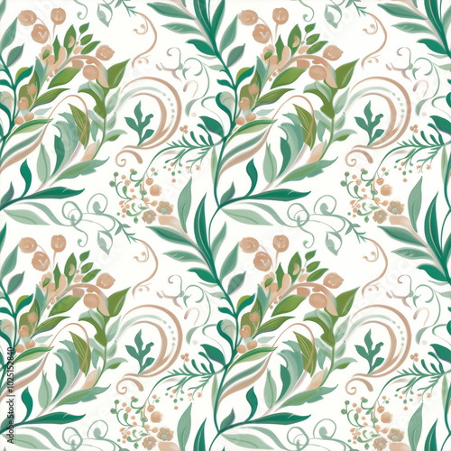 seamless background tile, Floral pattern featuring elegant botanical elements in soft colors on a white background