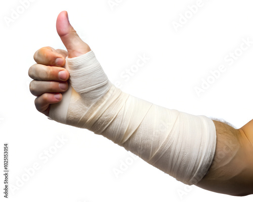  A hand with a bandaged arm gives a thumbs-up gesture, indicating resilience and positivity despite injury. The white bandages wrap securely around the wrist and thumb.