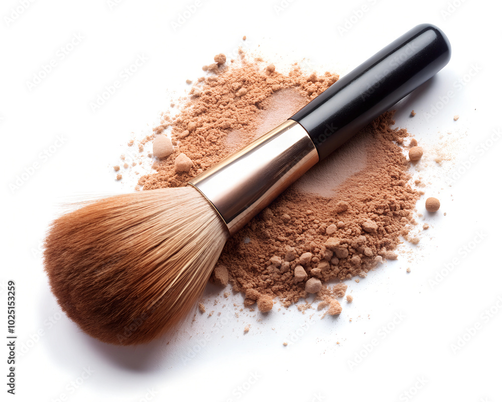 A makeup brush with soft bristles rests on a pile of loose brown powder, ready for application. The brush handle is sleek and designed for comfort A makeup brush with soft bristles rests on a pile of loose brown powder, ready for application. The brush handle is sleek and designed for comfort