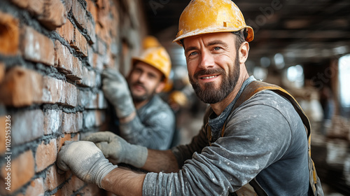 Smiling construction worker building brick wall, teamwork on site