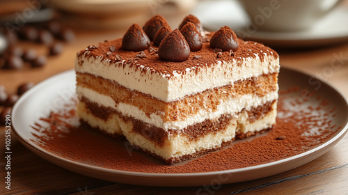 Tiramisu dessert slice on plate, creamy layers with cocoa dusting