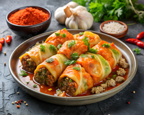 A plate of freshly prepared cabbage rolls stuffed with beef, rice, and vegetables, garnished with fresh parsley and served with spicy sauce, perfect for a hearty meal. photo