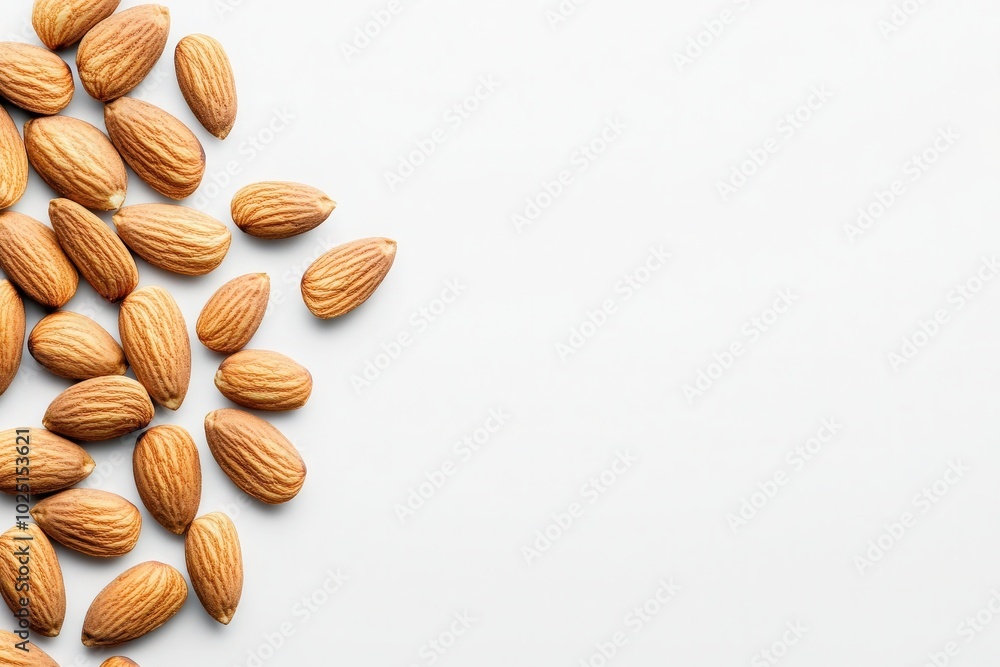 A collection of raw almonds lies isolated against a bright white background, highlighting their distinct shapes and smooth textures. These nuts are popular for snacking and cooking. A collection of raw almonds lies isolated against a bright white background, highlighting their distinct shapes and smooth textures. These nuts are popular for snacking and cooking.
