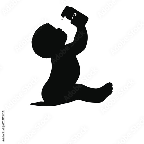 A silhouette of a baby in a top hat kneeling down and holding a fiddling bottle