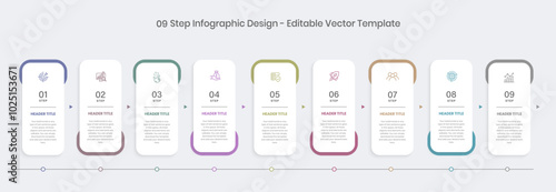 9 step Infographics Design Template, Chart diagram, Graph, Pie chart, workflow layout, vertical rectangle diagram, report, Editable presentation design elements, Process diagram in white background