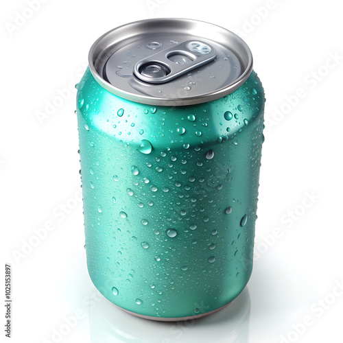 A teal-colored soda can with condensation droplets, isolated on a white background, evoking freshness and a chilled beverage experience photo