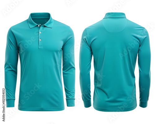 A vibrant turquoise long-sleeve polo shirt mockup displayed from front and back, ideal for casual or professional settings photo