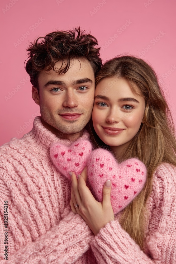 A couple holding a pink heart in a romantic gesture A couple holding a pink heart in a romantic gesture