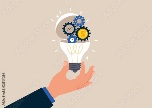 Open lightbulb to see gear cogs to spin time. Effort and time to make money, success long term investment, deadline effect. Flat vector illustration