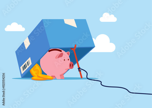 Pink piggy bank and gold coins on trap. Modern vector illustration in flat style