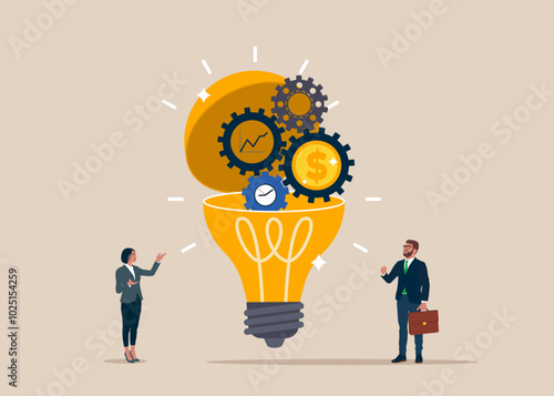 Open lightbulb to see gear cogs to spin time and money gears. Effort and time to make money, success long term investment, deadline effect. Flat vector illustration