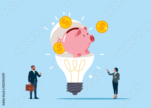 Business people open lightbulb to see piggy bank with coins. Modern vector illustration in flat style