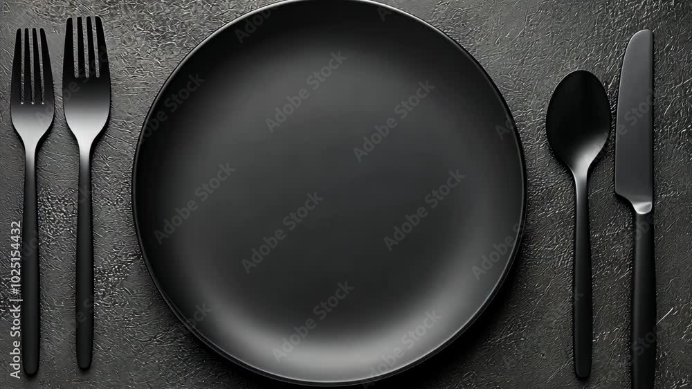 A black plate, fork, knife, and spoon are set on a black table A black plate, fork, knife, and spoon are set on a black table