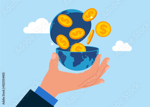 Open globe to see Golden Coins. Savings, Collecting Money in Account, Open Bank Deposit. Flat vector illustration