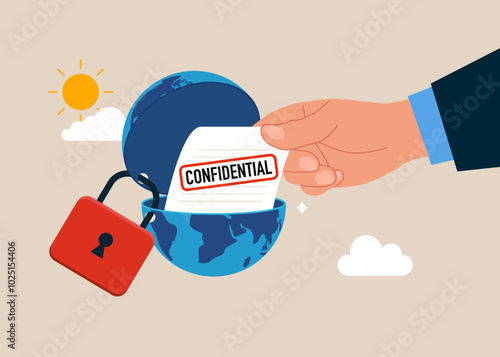 Open globe to see Confidential document. Locked with padlock globe. Modern flat vector illustration 
