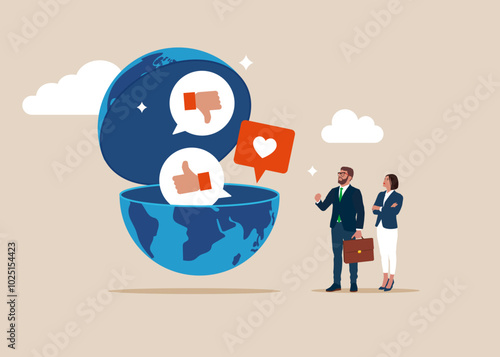 Business people open globe to see Social media positive and negative feedback vision. Social media communication. Flat vector illustration.