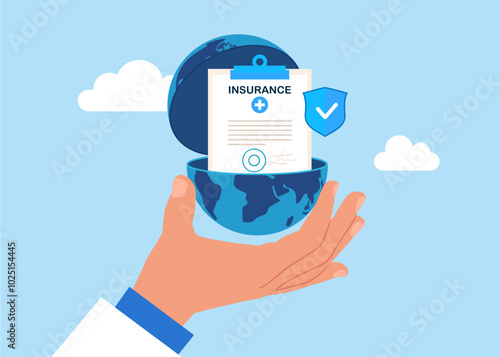 Doctor open globe to see Health insurance contract. Wellbeing metaphor. Vector illustration of insurance concept.