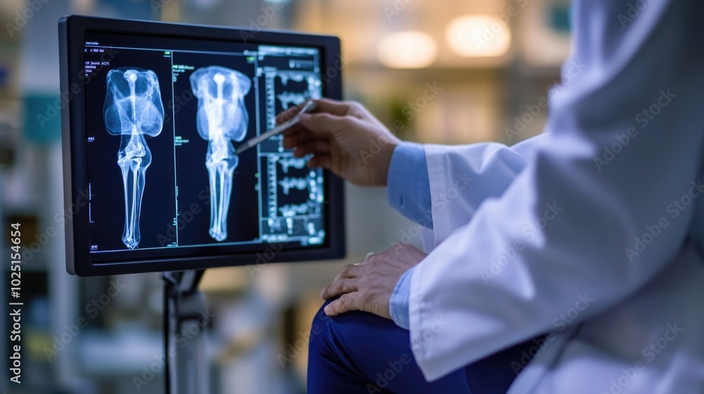 A person studies an x-ray image on their computer screen, possibly for medical or scientific purposes A person studies an x-ray image on their computer screen, possibly for medical or scientific purposes