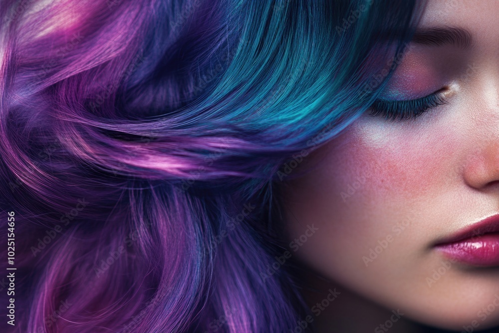 A close-up shot of a woman with vibrant purple and blue hair A close-up shot of a woman with vibrant purple and blue hair
