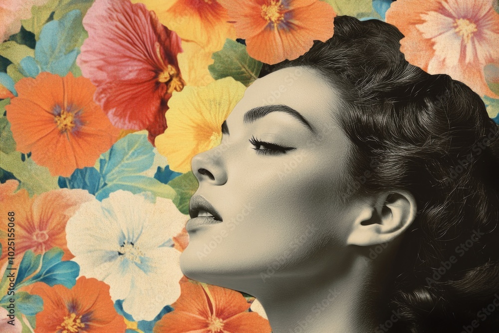 A simple yet elegant image featuring a woman standing against a beautiful floral backdrop A simple yet elegant image featuring a woman standing against a beautiful floral backdrop