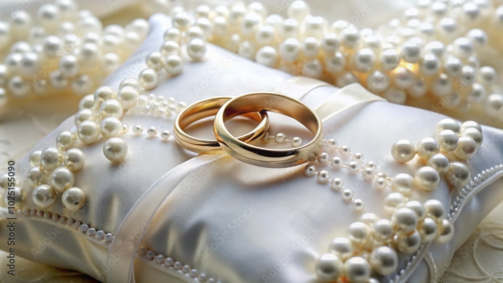 Elegant Wedding Rings on Beaded White Pillow - Aerial Photography Elegant Wedding Rings on Beaded White Pillow - Aerial Photography