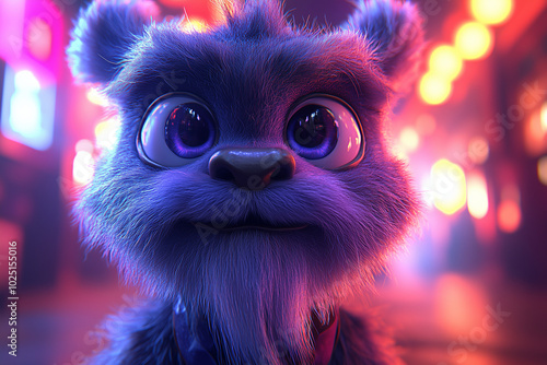 Cute cartoon character with big eyes and fluffy fur in a vibrant night atmosphere