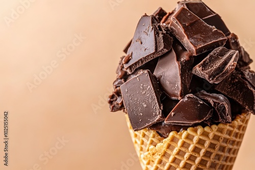 A single ice cream cone is filled generously with large, rich chocolate chunks, creating an inviting treat. The background is soft and neutral, emphasizing the delectable dessert.