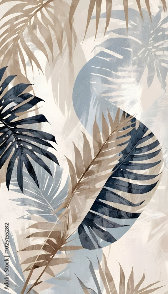 Tropical palm leaves in shades of blue and beige Tropical palm leaves in shades of blue and beige