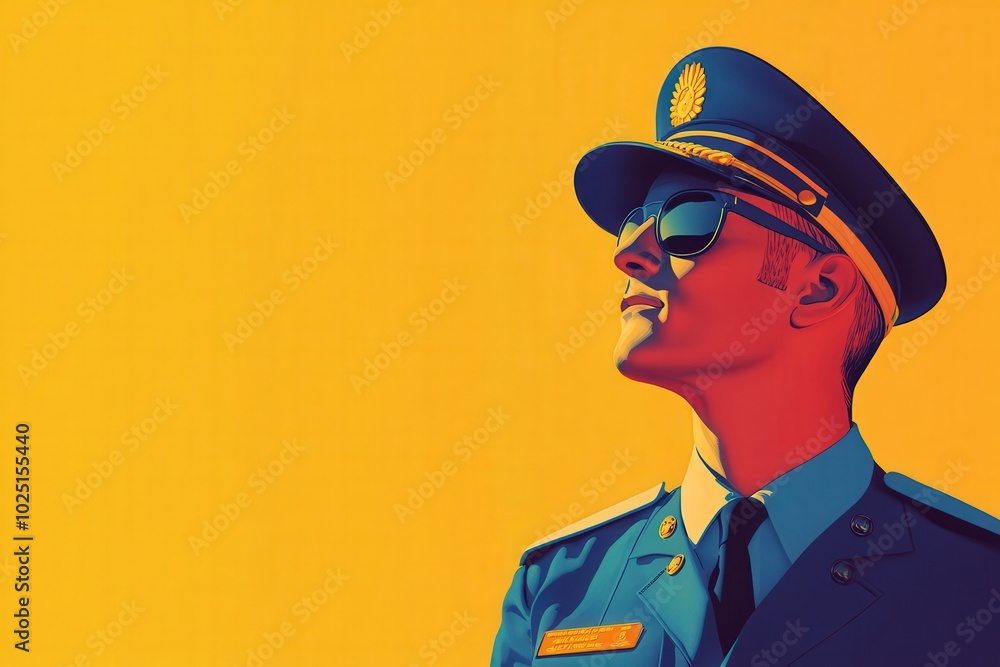 An airline captain wears a uniform and sunglasses, exuding confidence with a proud look. The background is a striking orange hue, enhancing the captains authoritative presence. An airline captain wears a uniform and sunglasses, exuding confidence with a proud look. The background is a striking orange hue, enhancing the captains authoritative presence.