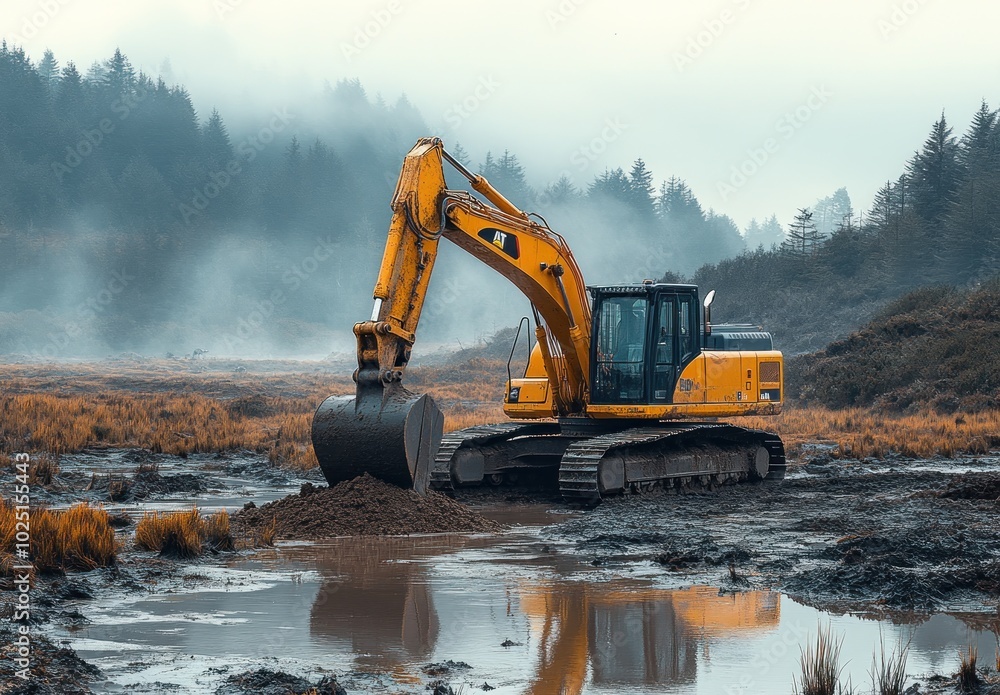 Yellow Excavator Digging in Muddy Terrain Yellow Excavator Digging in Muddy Terrain