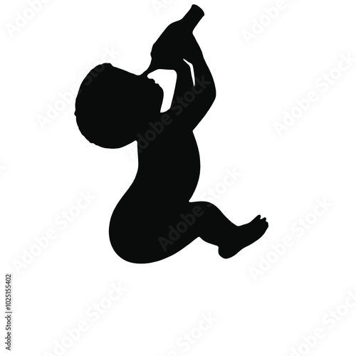 A silhouette of a baby in a top hat kneeling down and holding a fiddling bottle