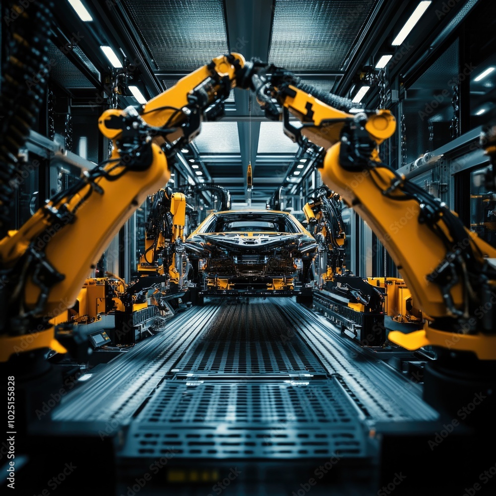 Fototapeta premium Robots working together to repair a car in a modern factory setting