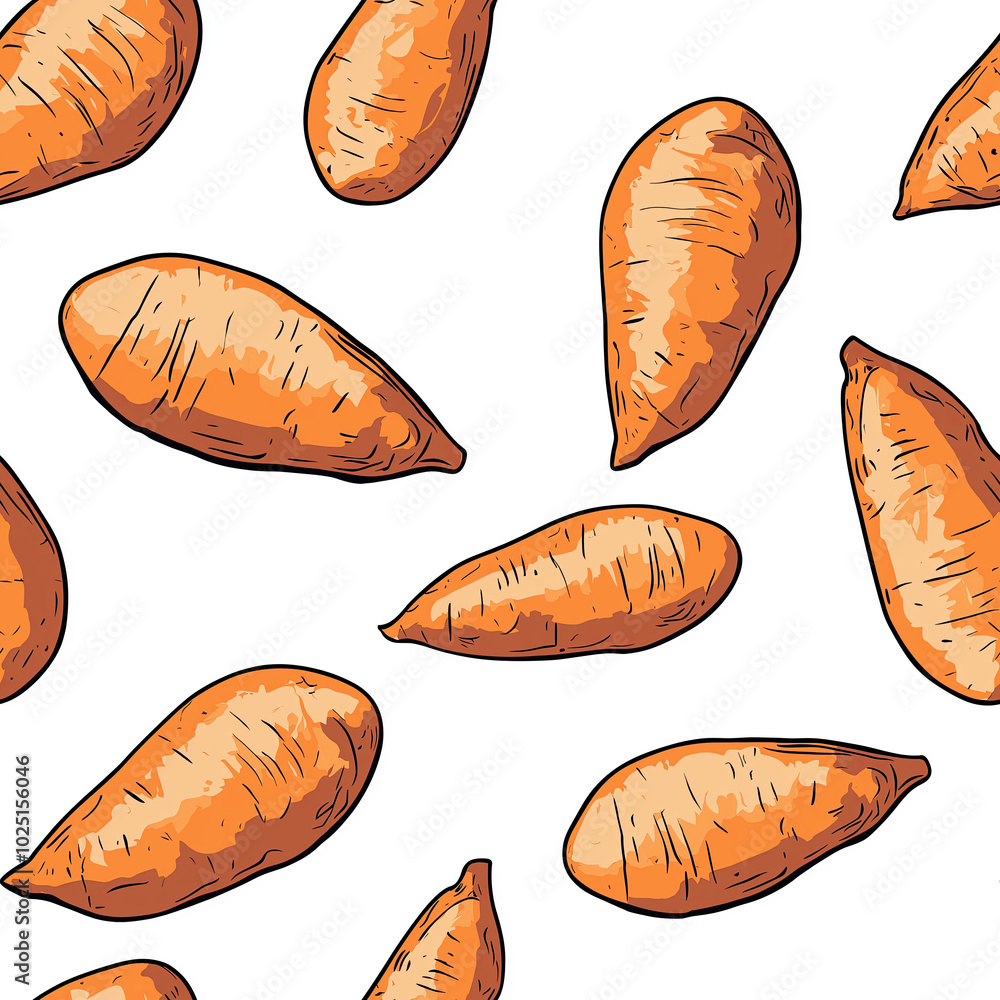 A 2D illustration seamless pattern of Yams over a white background. A 2D illustration seamless pattern of Yams over a white background.