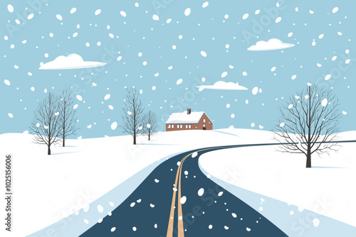 Winter road, rural landscape. Snow-covered road among snowdrifts in snowfall. Highway in winter. Vector illustration of a track.
