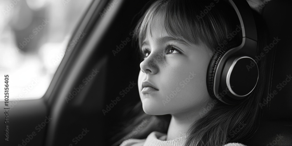 A young girl sits in a car wearing headphones, likely listening to music or enjoying some quiet time A young girl sits in a car wearing headphones, likely listening to music or enjoying some quiet time