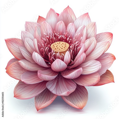 A pink lotus flower with wide, smooth petals and a detailed center, isolated on white background